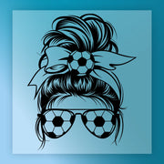 A stylized illustration of a woman's head with a soccer ball on her head, wearing sunglasses.