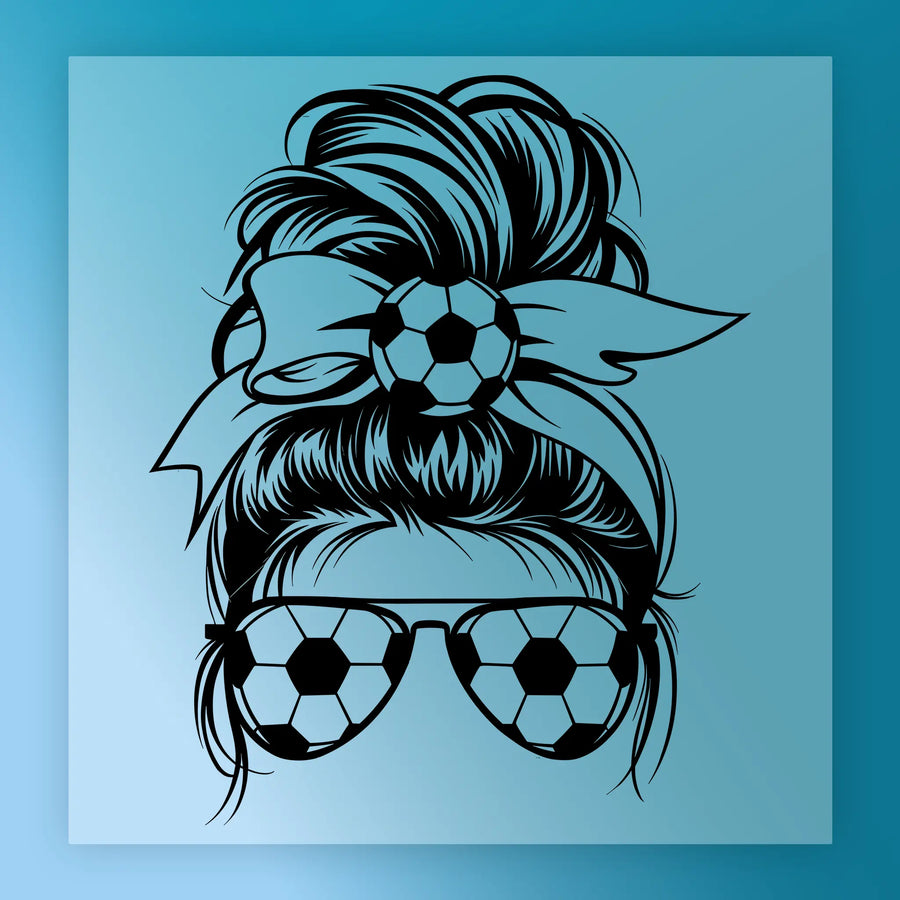 A stylized illustration of a woman's head with a soccer ball on her head, wearing sunglasses.