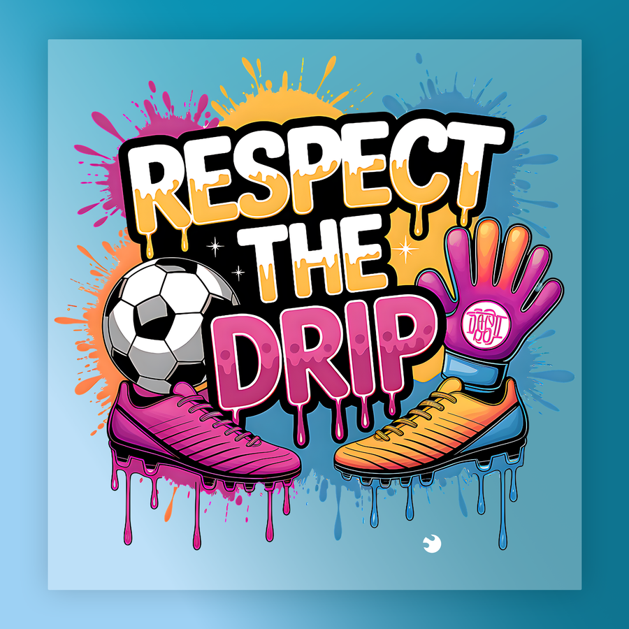 The image is a vibrant and colorful graphic featuring a soccer ball, a pair of shoes, and a pair of gloves, all dripping with a dripping, dripping, dripping effect. The text "RESPECT THE DRIP" is prominently displayed in the center of the image.