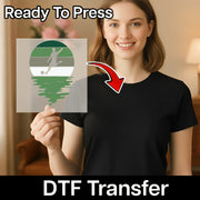 A woman is holding up a transparent sheet with a graphic design on it, and there is text at the bottom of the image that says "Ready To Press" and "DTF Transfer".
