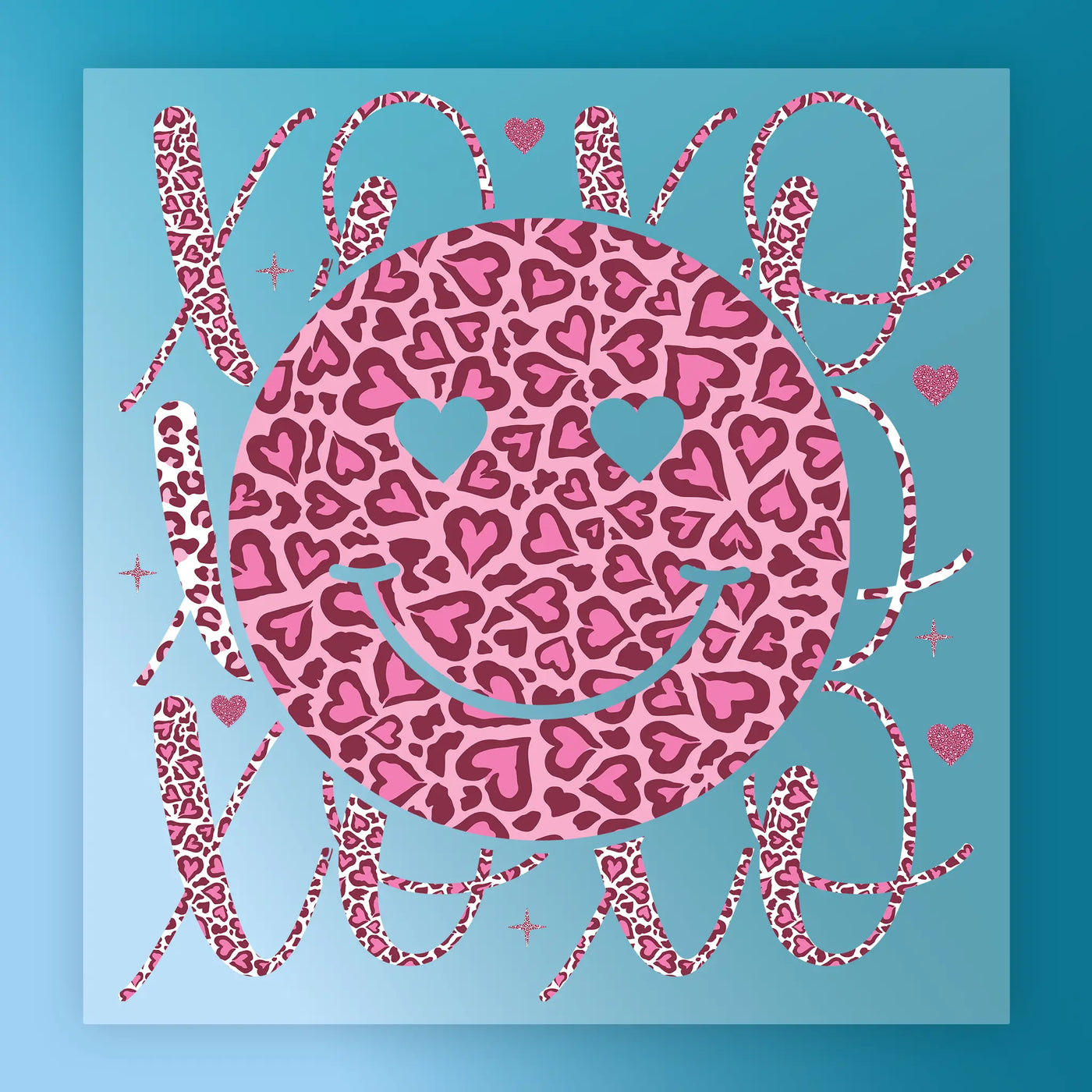 A pink leopard print smiley face with hearts surrounding it, set against a blue background.