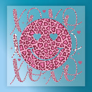 A pink leopard print smiley face with hearts surrounding it, set against a blue background.