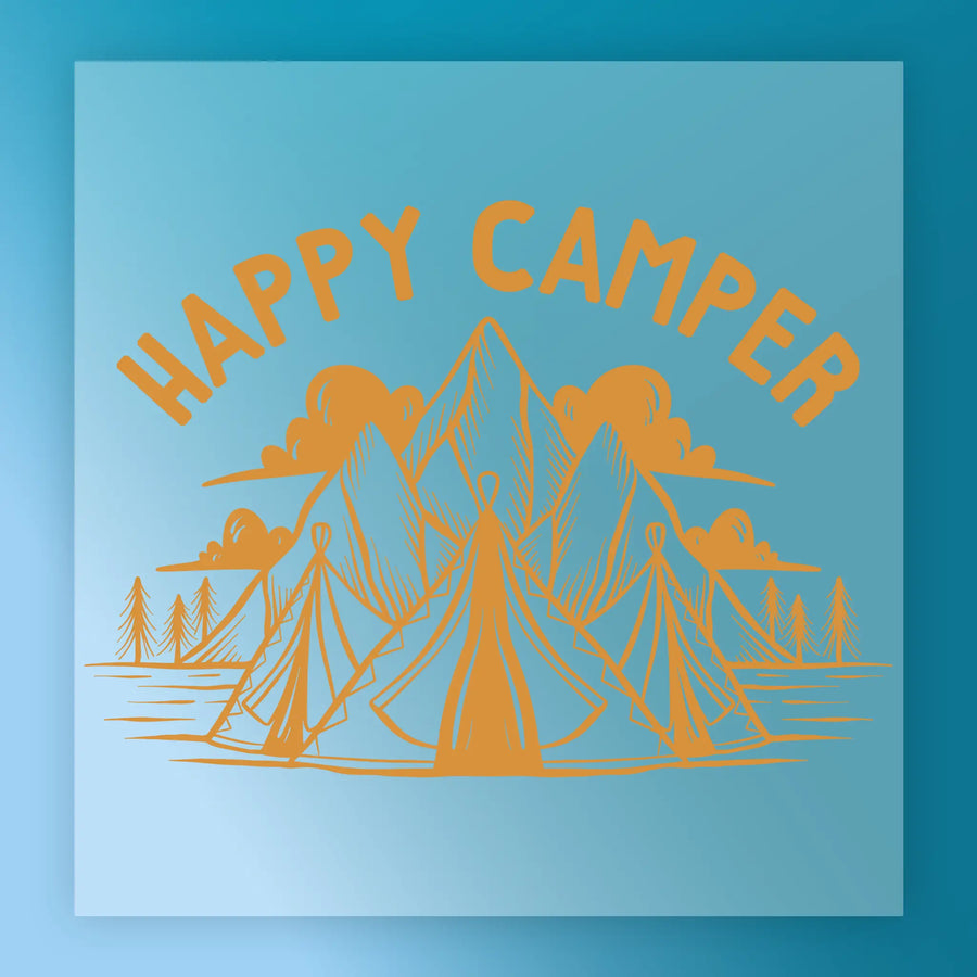 I Love It When My Wife Lets Me Go Fishing" by InkMerge: bold text above tents, mountains, clouds & trees in orange outline on blue—ideal for fishing shirts or DTF heat press transfers.