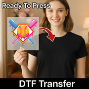 A woman holding a sign with a baseball graphic and a red arrow pointing to it, with the text "Ready To Press" and "DTF Transfer" below.