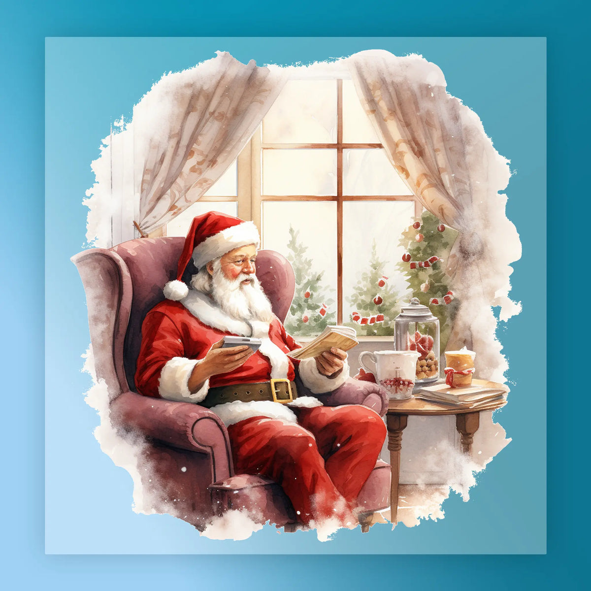 Santa Claus relaxes in a cozy armchair by a festive window, reading with a cup in hand—just like the Traditional Santa Relaxing Scene DTF transfer from InkMerge, perfect inspiration for your next holiday heat press project.