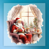 Santa Claus relaxes in a cozy armchair by a festive window, reading with a cup in hand—just like the Traditional Santa Relaxing Scene DTF transfer from InkMerge, perfect inspiration for your next holiday heat press project.