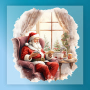 Santa Claus relaxes in a cozy armchair by a festive window, reading with a cup in hand—just like the Traditional Santa Relaxing Scene DTF transfer from InkMerge, perfect inspiration for your next holiday heat press project.