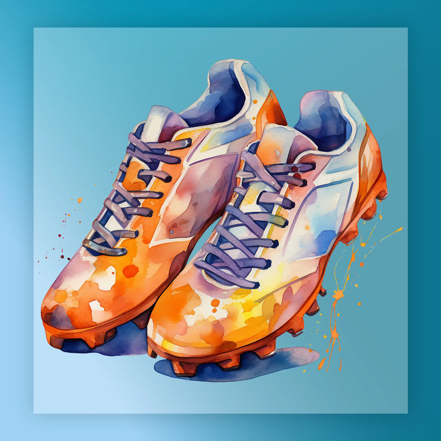 A pair of vibrant, colorful cleats with orange and blue accents, set against a blue background with splashes of orange and yellow.