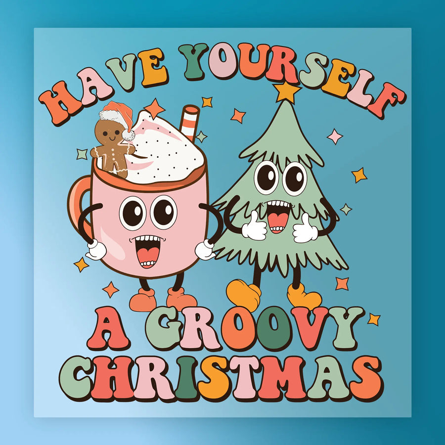 InkMerge’s Groovy Christmas Retro Design - Heat Press Ready features a cartoon mug of hot chocolate with a gingerbread man and cheerful Christmas tree, stars, and “Have Yourself A Groovy Christmas”—ideal for retro holiday or DTF transfers.