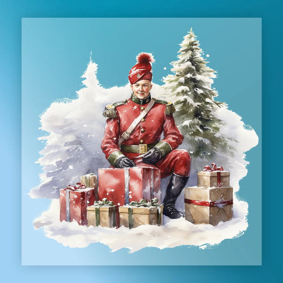 A man dressed as a toy soldier in a red uniform sits in snow with gifts and snowy evergreens—an ideal scene for the InkMerge Vintage Christmas Soldier in Snow DTF transfer.