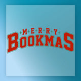 Merry Bookmas Christmas Design by InkMerge features bold varsity-style red text on a blue background with stars between the letters—perfect for DTF transfers or heat press projects.