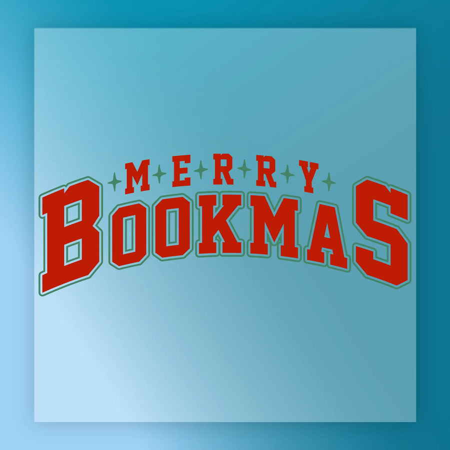 Merry Bookmas Christmas Design by InkMerge features bold varsity-style red text on a blue background with stars between the letters—perfect for DTF transfers or heat press projects.