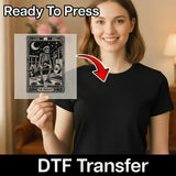 A woman holding a printed image of a skeleton in a tarot card, with a red arrow pointing to the printed image.