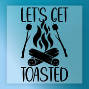 The Let's Get Toasted Campfire Humor design by InkMerge features a campfire with marshmallows on sticks and playful text, ideal for custom apparel with a fun, outdoorsy vibe, set against a blue background.