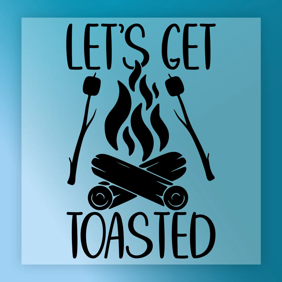 The Let's Get Toasted Campfire Humor design by InkMerge features a campfire with marshmallows on sticks and playful text, ideal for custom apparel with a fun, outdoorsy vibe, set against a blue background.