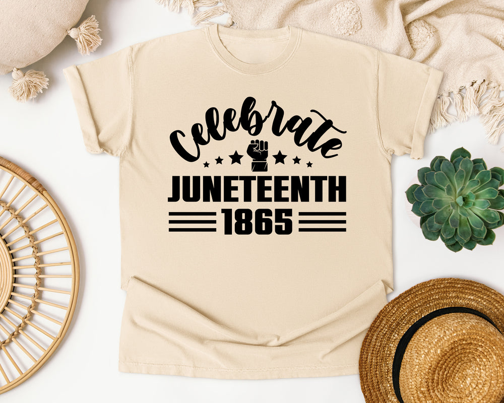 Celebrate Juneteenth 1865 Black Ink graphic tee in Ivory Comfort Colors 1717