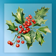 A cluster of bright red holly berries and green spiky leaves with light veins on a blue gradient background—ideal for the InkMerge Vintage Holly Berry Christmas Design as a festive DTF or holiday shirt transfer.