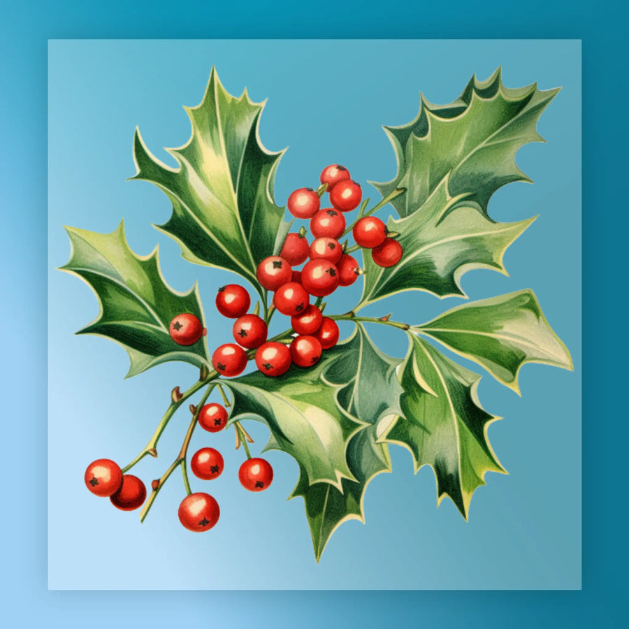 A cluster of bright red holly berries and green spiky leaves with light veins on a blue gradient background—ideal for the InkMerge Vintage Holly Berry Christmas Design as a festive DTF or holiday shirt transfer.