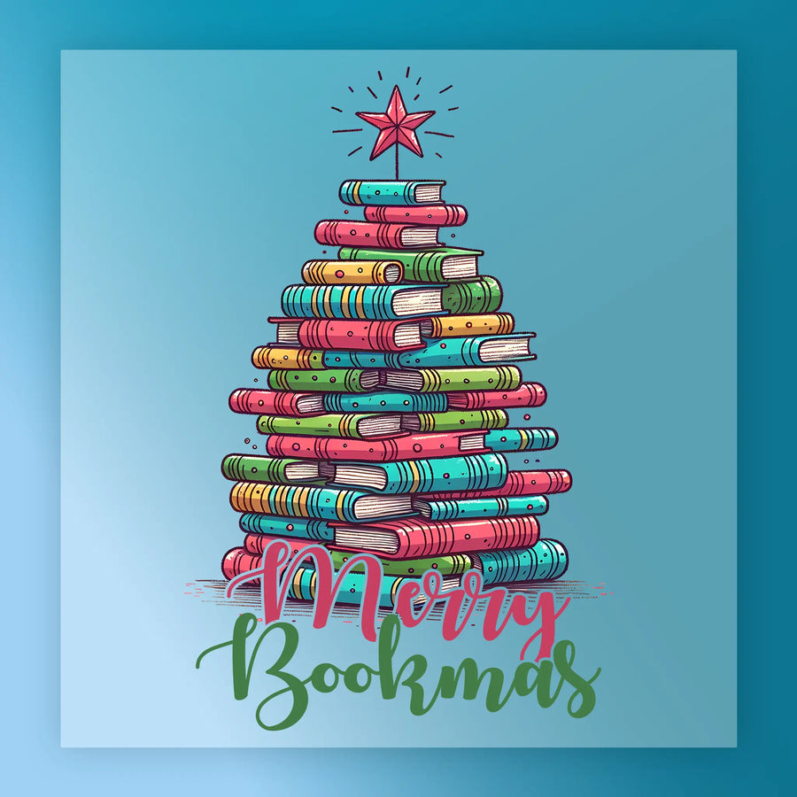 The InkMerge Merry Bookmas Christmas Tree Design features a stack of colorful books as a tree topped with a red book star and “Merry Bookmas” in festive script—perfect for holiday heat press or DTF transfer projects.