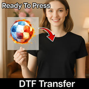 A woman holding a transparent sheet with a colorful soccer ball image on it, and there is a red arrow pointing to her chest.