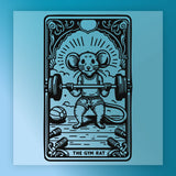 A cartoon illustration of a mouse lifting a barbell, with the text "THE GYM RAT" below the image.