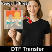 A smiling woman in a black shirt holds an InkMerge DTF transfer sheet featuring the Retro Surf Sunset Design—ideal for custom apparel. "Ready To Press" is at the top, "DTF Transfer" at the bottom, and a red arrow points to the transfer sheet.