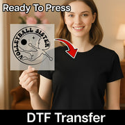 A woman is holding up a transparent sign with a volleyball player graphic on it, and there is text overlay that says "Ready To Press" and "DTF Transfer".