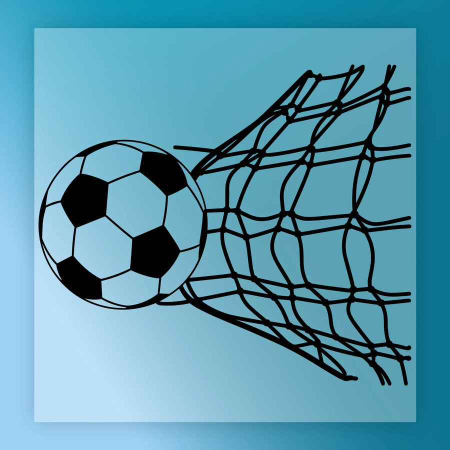 A soccer ball is depicted in mid-air, with its trajectory shown by the net of a soccer goal.