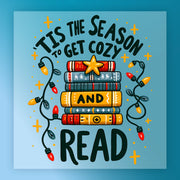 Tis the Season to Get and Read" by InkMerge features stacked books topped with a star and string lights. Surrounded by sparkles, this precut DTF or heat press transfer is perfect for celebrating cozy reading moments.