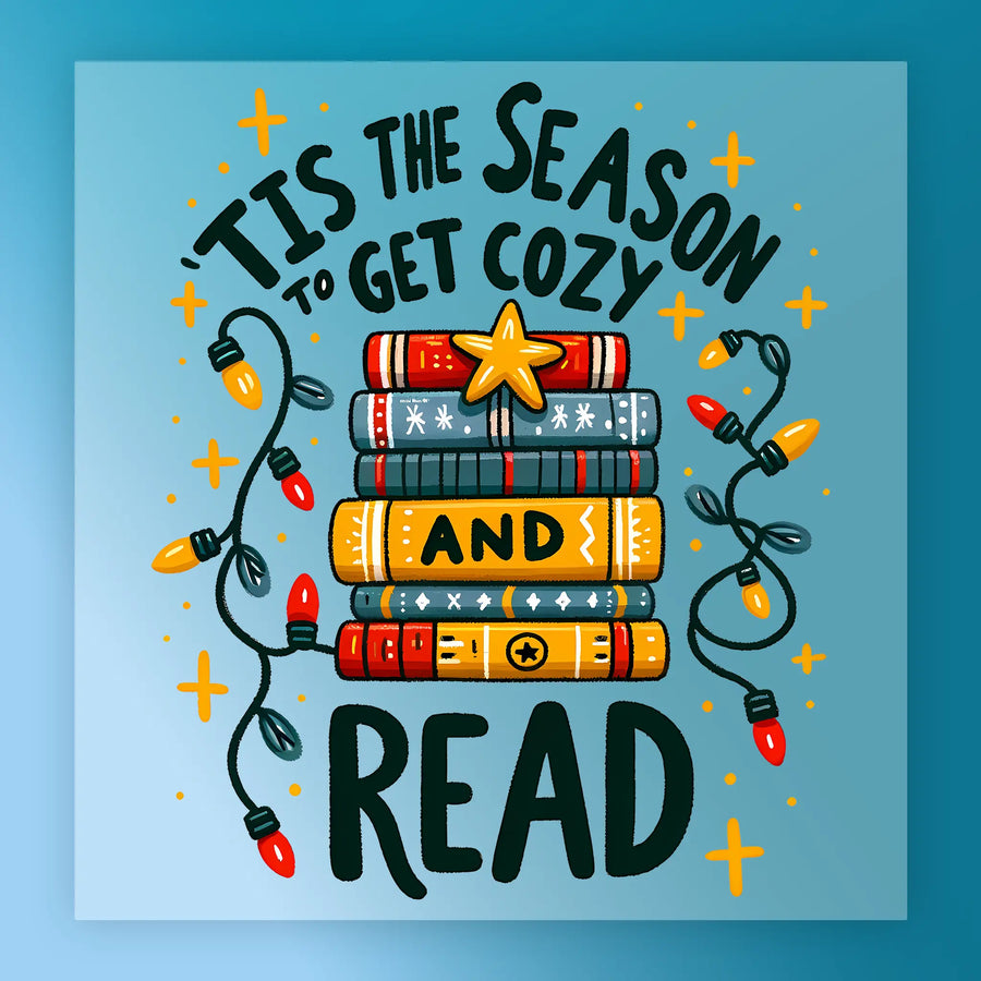 Tis the Season to Get and Read" by InkMerge features stacked books topped with a star and string lights. Surrounded by sparkles, this precut DTF or heat press transfer is perfect for celebrating cozy reading moments.