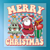 Cartoon Santa holding hands with a smiling Christmas tree—Merry Christmas Santa & Tree Design by InkMerge. Surrounded by presents and stars on a pink and blue checkered background. Perfect DTF transfer for custom apparel.