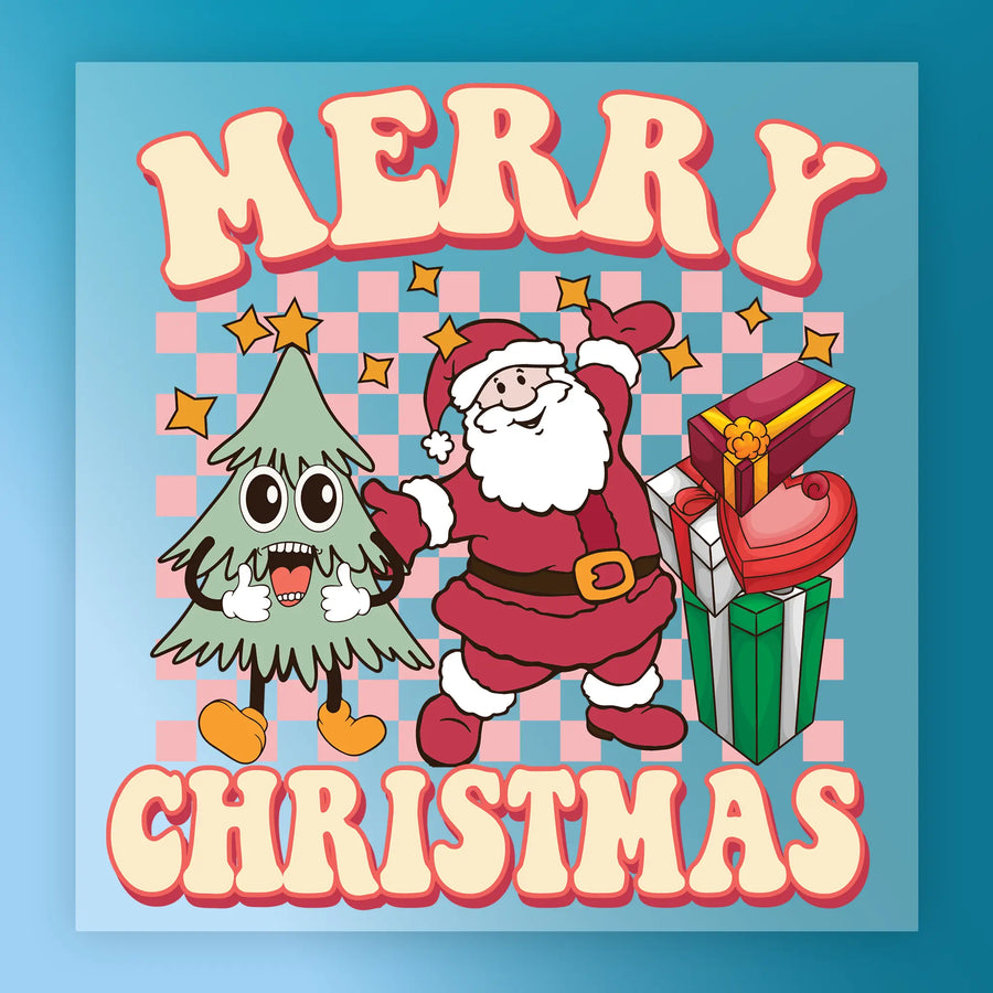 Cartoon Santa holding hands with a smiling Christmas tree—Merry Christmas Santa & Tree Design by InkMerge. Surrounded by presents and stars on a pink and blue checkered background. Perfect DTF transfer for custom apparel.