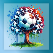 A vibrant and colorful illustration depicting a tree with a large soccer ball at its center, surrounded by smaller soccer balls in various colors and patterns.
