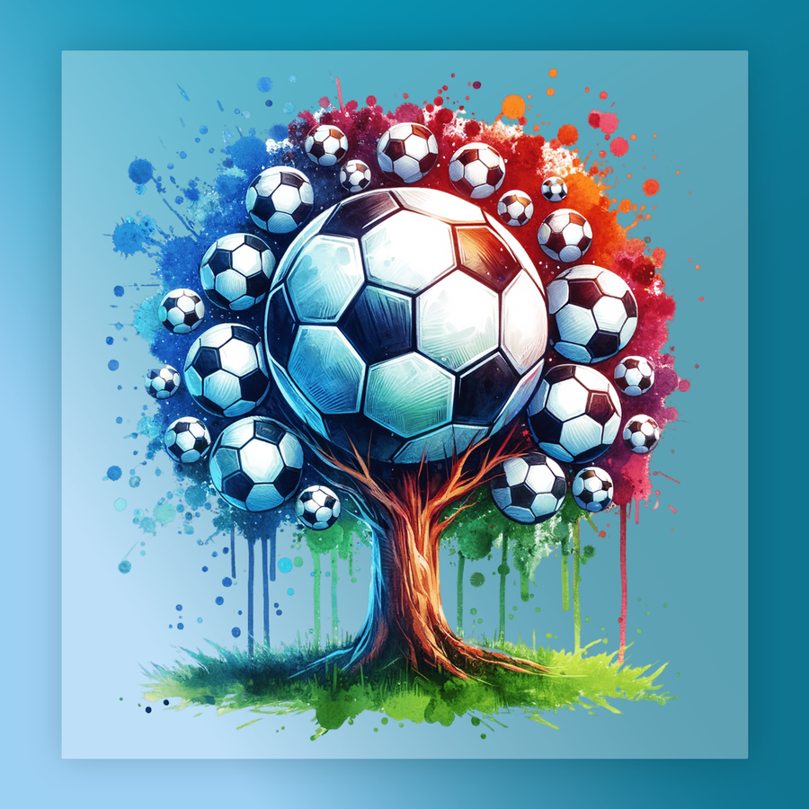 A vibrant and colorful illustration depicting a tree with a large soccer ball at its center, surrounded by smaller soccer balls in various colors and patterns.