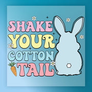 a cartoon rabbit with the text "Shake your cotton tail" written around it.