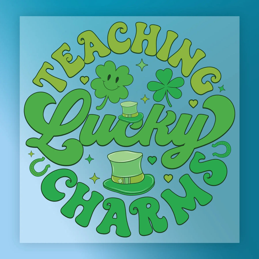 a circular arrangement of text and symbols related to luck and charms, including the words "Teaching Lucky Charms" and various symbols such as a clover, a horseshoe, and a four-leaf clover.