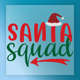 The Santa Squad Christmas Unity Design by InkMerge features "Santa" in red with a Santa hat, "squad" in green script, and a left-pointing red arrow on a light blue gradient—ideal for custom apparel or DTF transfers to celebrate holiday spirit.
