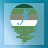 A silhouette of a person playing soccer, with a sunset-like background featuring green and blue colors.