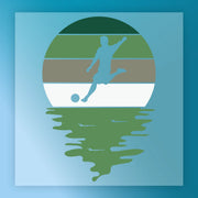 A silhouette of a person playing soccer, with a sunset-like background featuring green and blue colors.