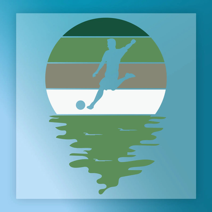 A silhouette of a person playing soccer, with a sunset-like background featuring green and blue colors.