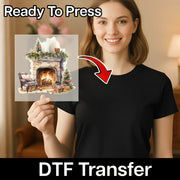 A smiling woman in a black shirt holds an InkMerge "Festive Fireplace Holiday Scene" DTF transfer sheet. The image shows the text "Ready To Press" and "DTF Transfer," with an arrow pointing at the transfer sheet.