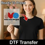 A smiling woman holding a sign with a peace symbol and volleyball design, with a red arrow pointing to the sign.