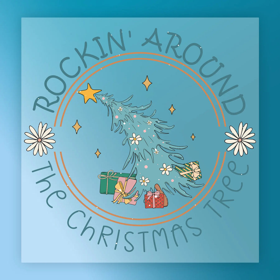 InkMerge's "Rockin' Around the Christmas Tree - Heat Press Ready" features a stylized Christmas tree with presents and festive text, ideal for holiday apparel using a Christmas DTF transfer and your heat press.