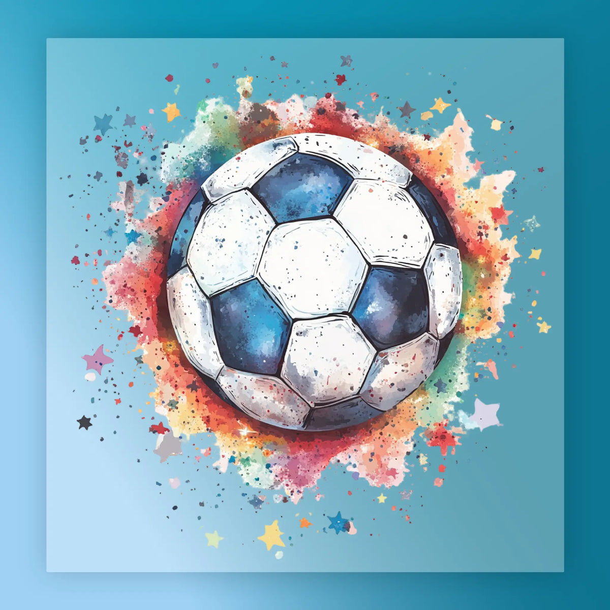 A colorful and vibrant illustration of a soccer ball surrounded by a splash of paint and stars against a blue background.