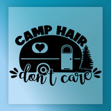 The InkMerge Camp Hair Don't Care Design - Heat Press Ready features a black camper with a heart window, tree, and playful CAMP HAIR don't care text on blue—ideal as a bold DTF transfer for your creative projects.
