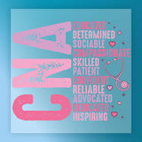 The image is a graphic design featuring a large pink letter "A" with a stethoscope and a list of positive attributes such as "EDUCATED", "DETERMINED", "SOCIABLE", "COMPASSIONATE", "SKILLED", "PATIENT", "CONFIDENT", "RELIABLE", "ADVOCATED", and "INSPIRING". The design is focused on highlighting the positive qualities of the individual represented by the "A" and the stethoscope.