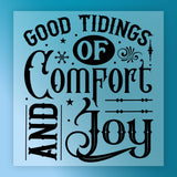 InkMerge's Good Tidings of Comfort and Joy Vintage Design features black decorative text with ornate flourishes and snowflakes on a light blue background—ideal for heat press or DTF transfer projects with a charming retro feel.