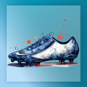A blue and white soccer cleat with red splatters on a blue background.