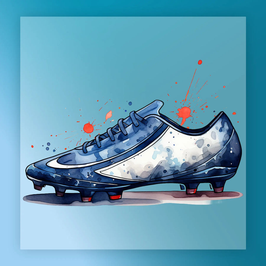 A blue and white soccer cleat with red splatters on a blue background.