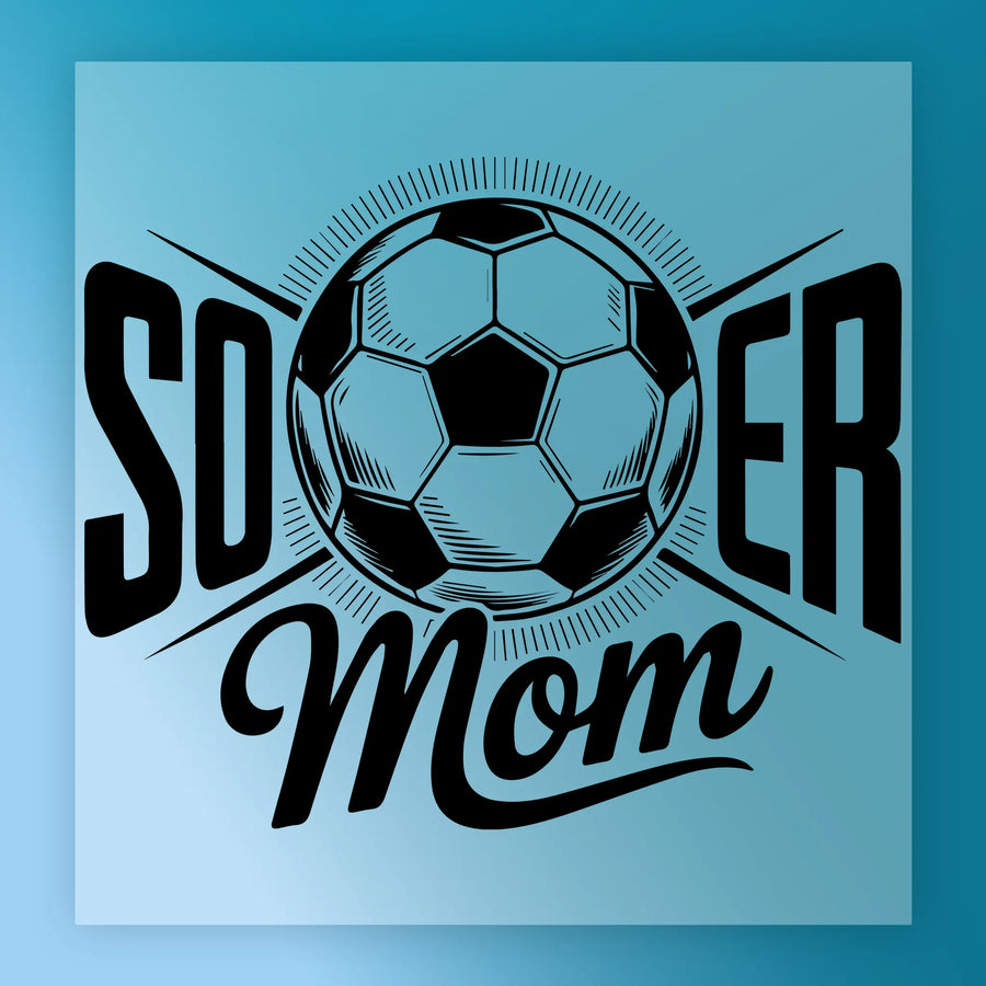 A graphic design featuring a soccer ball surrounded by the text "SOER Mom" in a stylized font.
